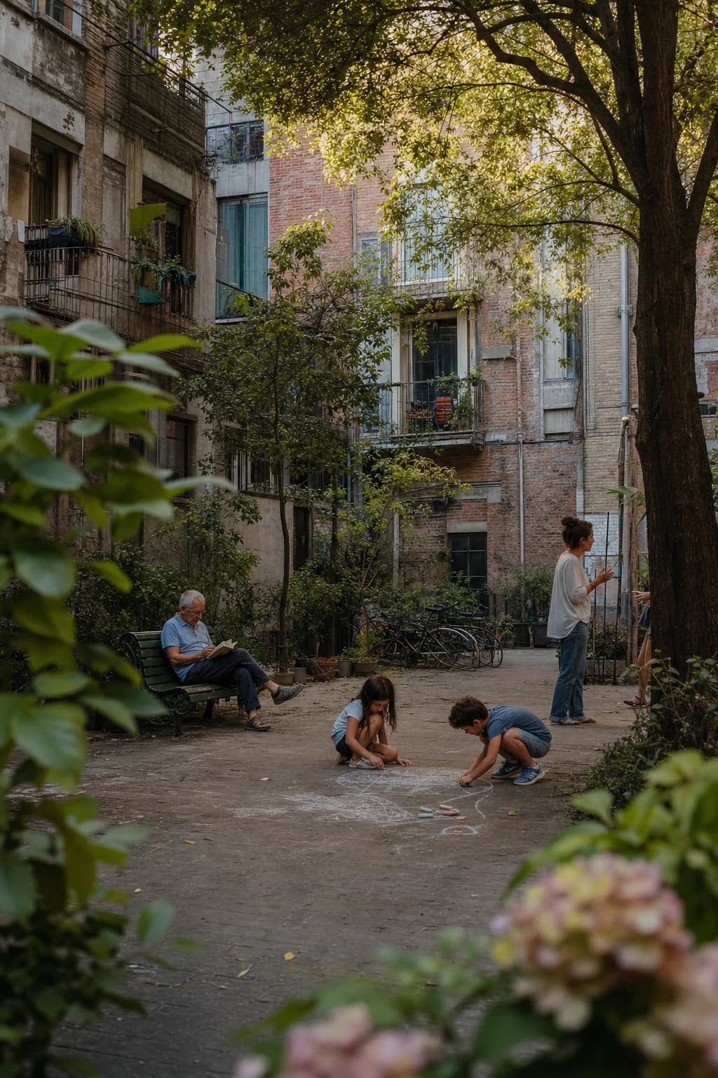 Children draw with chalk while neighbors share a tree-filled apartment courtyard.
