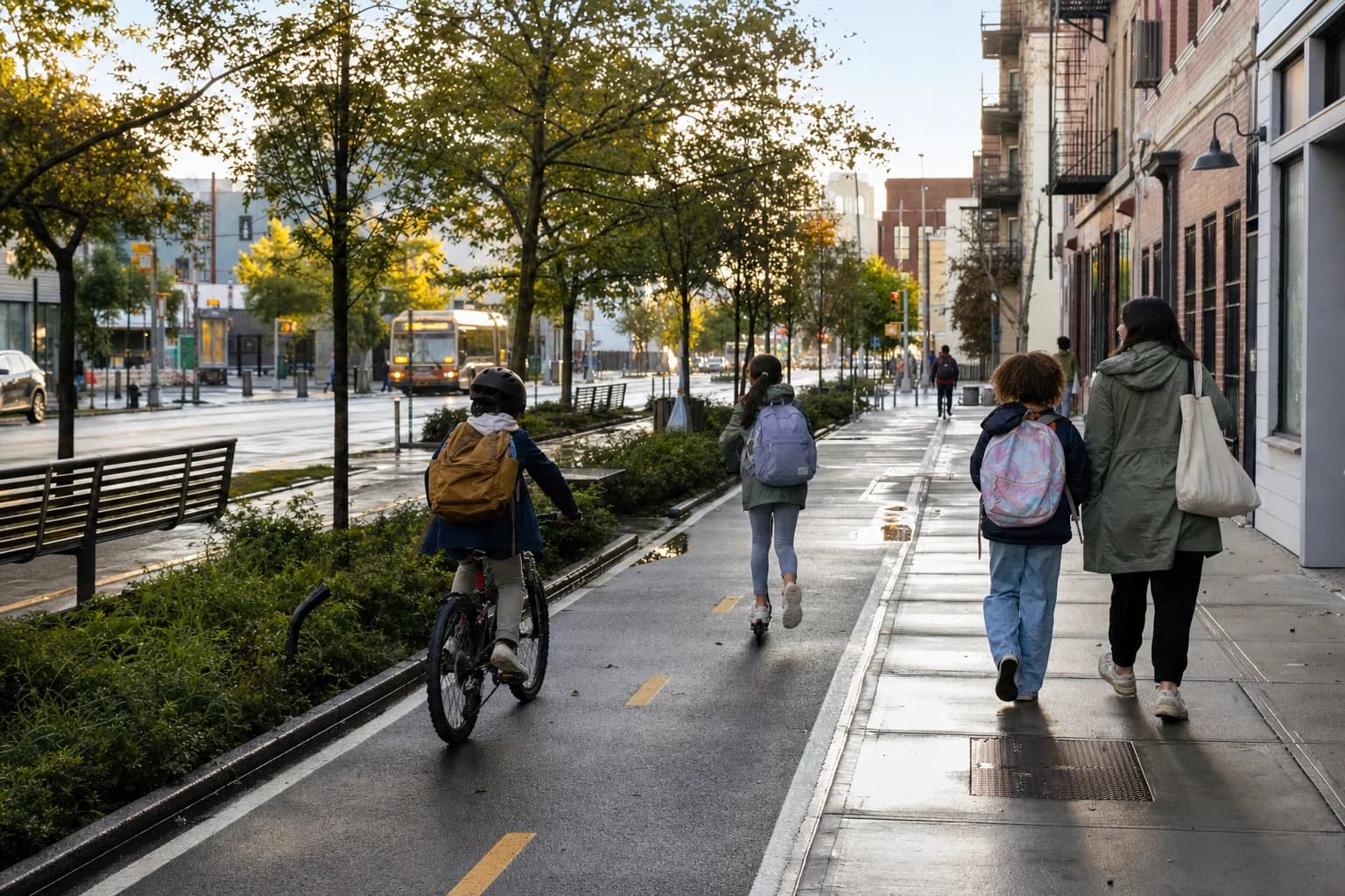 Children walk, cycle, and ride a scooter to school along a green city street after rain.